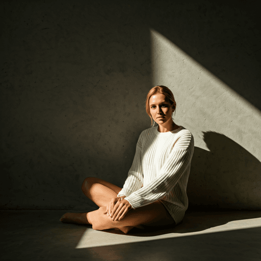 Lifestyle influencer posing in a minimalist concrete studio with dramatic shadows and warm light