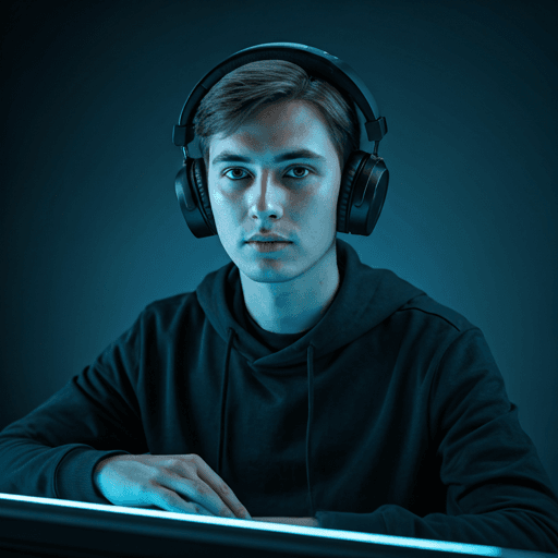 Tech influencer with high-end headphones in a glowing blue workstation environment