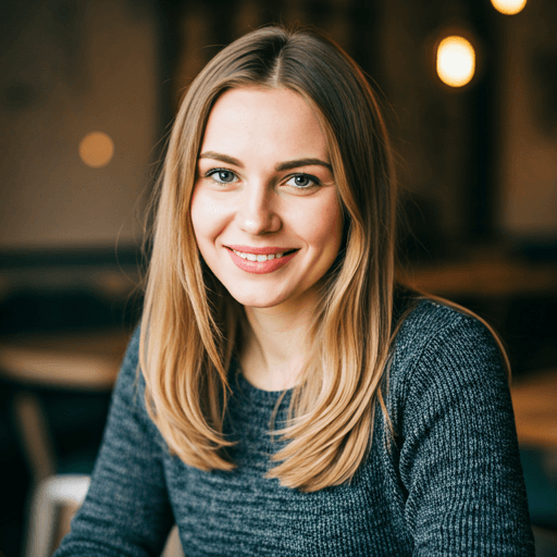 Portrait of a smiling woman in a trendy cafe, soft morning light, bokeh background