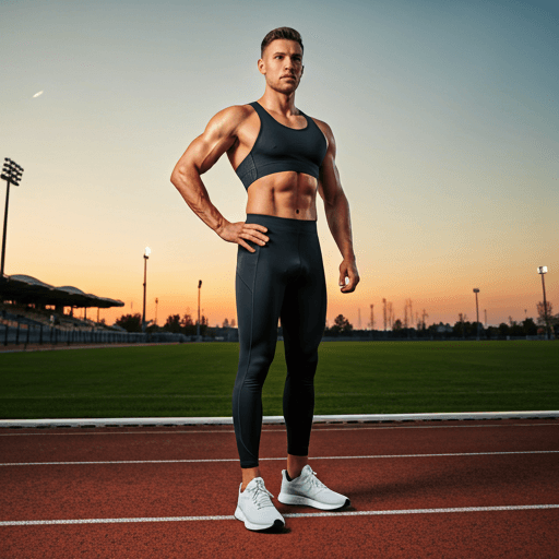 Male fitness influencer in professional sports gear, soft sunset lighting, outdoor track