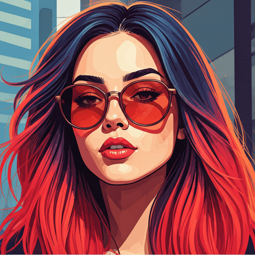 Close-up portrait of a chic influencer with stylish sunglasses and vibrant hair in urban setting