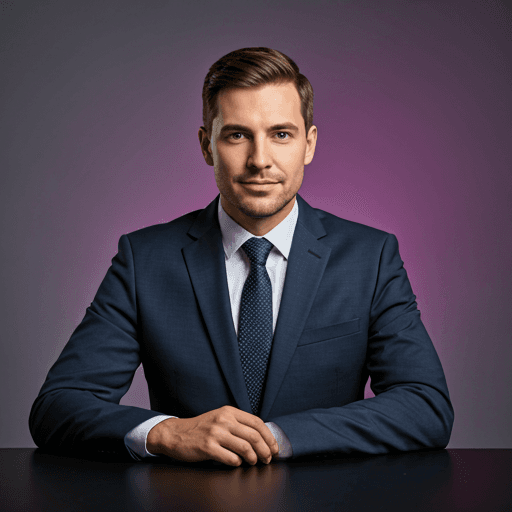 Portrait of a creative professional man in a minimalist studio setting with soft purple ambient light