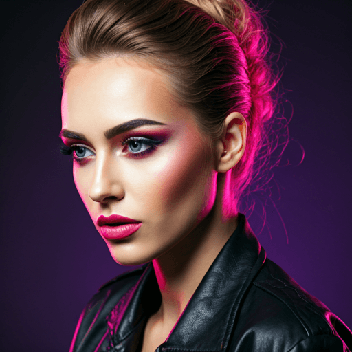 Artistic portrait of a woman with vibrant makeup and experimental fashion, glowing under soft violet studio lights