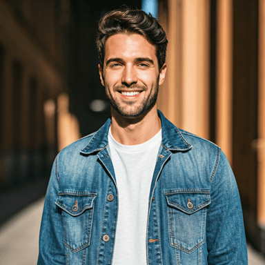 Casual portrait of a young man with a warm smile in a sunlit urban environment, natural warm tones
