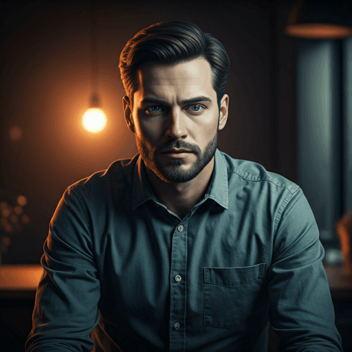 Cinematic portrait of a male tech influencer in a modern workspace with soft warm background lights