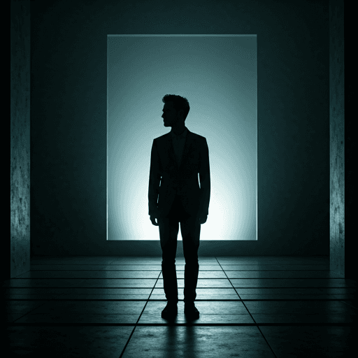 Breathtaking wide portrait of a man in minimalist architectural setting, moody lighting with strong silhouettes