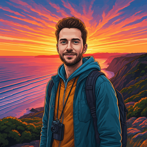 Vibrant portrait of a travel blogger standing before a colorful sunset over a coastal landscape