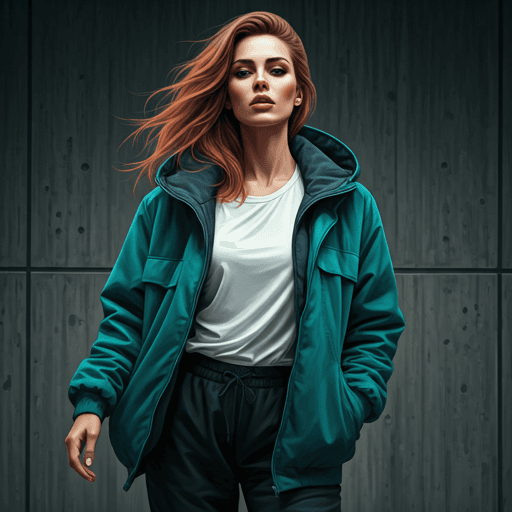 Dynamic portrait of a woman in high-fashion streetwear against an urban concrete backdrop, cool tones